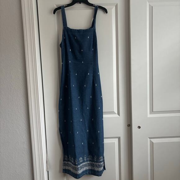 Vintage 90s FACETS Denim Maxi Dress Embroidered Cottagecore Square Neck Sz 14 - Picture 2 of 16